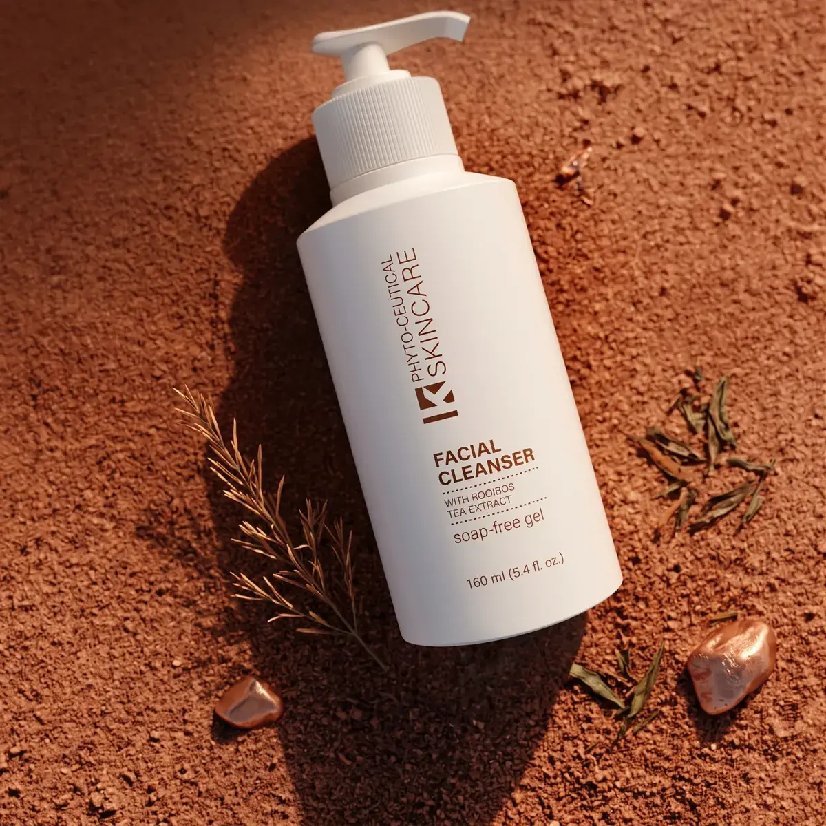 Facial Cleanser pump bottle on red earth with rooibos sprigs