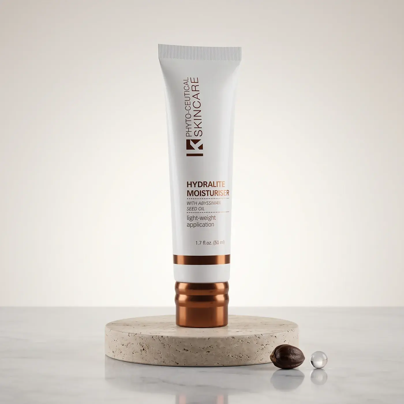 Hydralite Moisturiser tube standing on a stone plinth